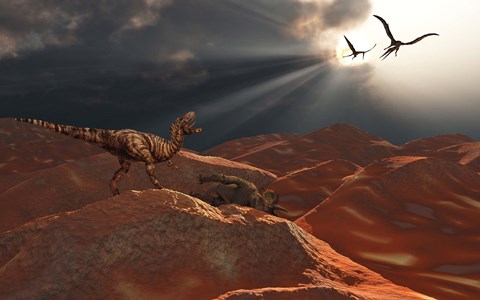 Framed T Rex and Quetzalcoatlus Discover the Carcass of a Triceratops Print