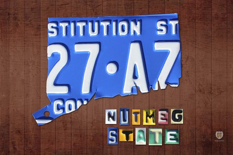 Framed Connecticut License Plate Map Print