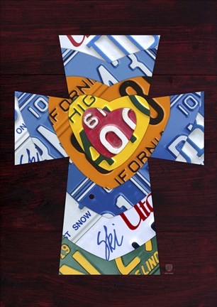 Framed License Plate Art Heart Cross Print