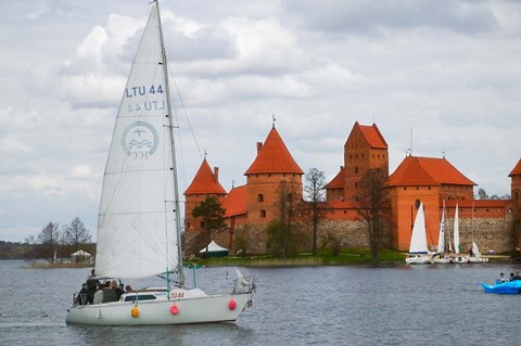 Framed Sailboat with Island Castle by Lake Galve, Trakai, Lithuania Print