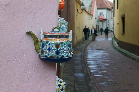 Framed Wall Decorated with Teapot and Cobbled Street in the Old Town, Vilnius, Lithuania II Print