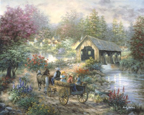 Framed Merriment At Covered Bridge Print