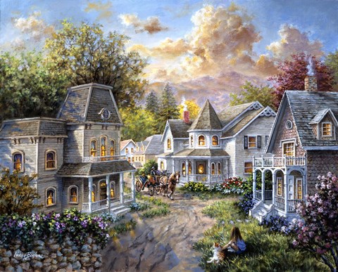 Framed Main Street Along A Country Village Print