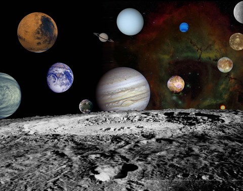 Framed Montage of the planets and Jupiter&#39;s Moons Print