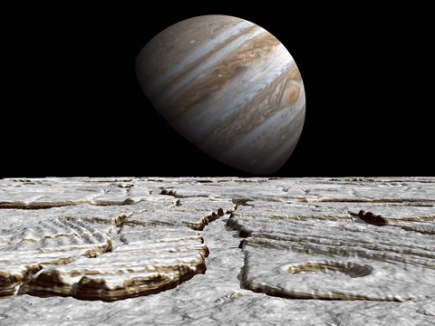 Framed Artist&#39;s concept of Jupiter as Seen Across the Icy Surface of its Moon Europa Print