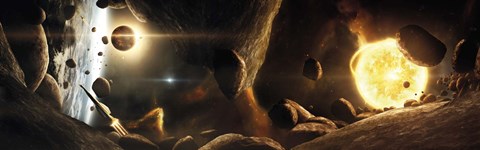 Framed Asteroid field next to an Earth-like Planet in a Dual-star System Print