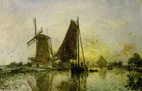 Framed Boats Near Mills In Holland, 1868 Print