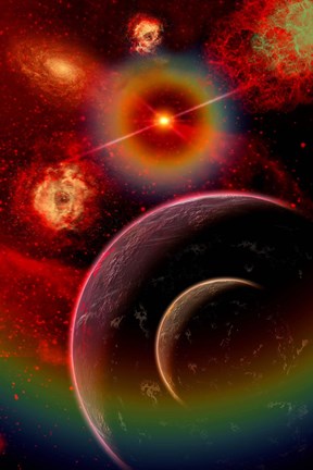 Framed alien planet and it&#39;s moon illuminated by the glow of Nebula gas clouds Print