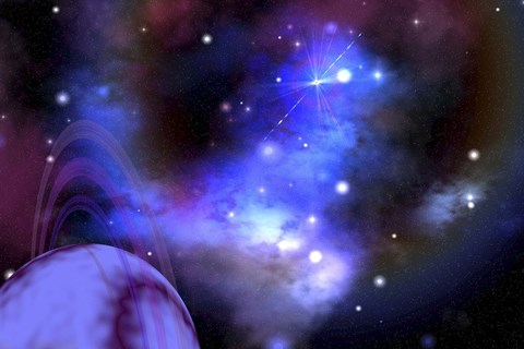 Framed This ringed planet is sorrounded by a colorful Nebula Print