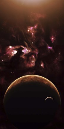Framed barren world passes in front of a large and complex Nebula Print