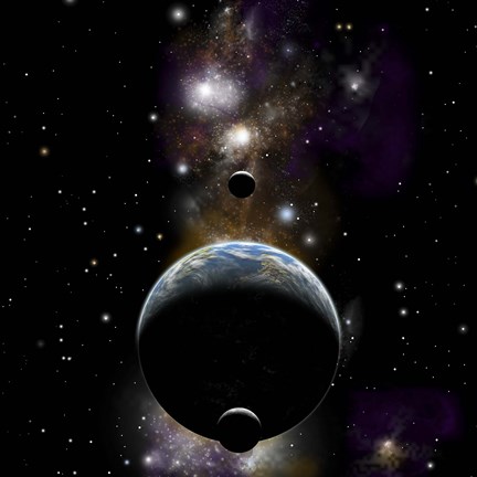 Framed Earth type world with two moons against a background of Nebula and stars Print