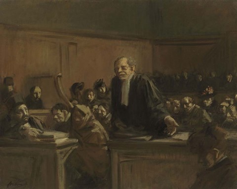 Framed Court Scene - Speech For The Defense, 1907 Print