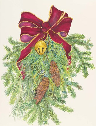 Framed Evergreen Branch With Bow Print