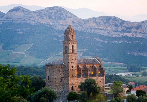 Framed Church in Village of Patrimonio, Corsica, France Print