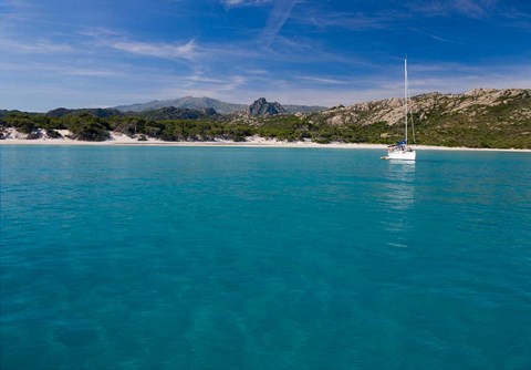 Framed Corsica Sailboat at Saleccio Beach Print