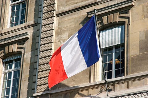 Framed French Flag Facade of Justice Palace Paris, France Print