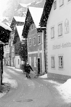 Framed Snowy Street in Hallstat, Austria Print