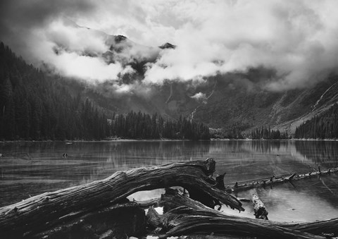 Framed Mountain And Lake With Wood Print
