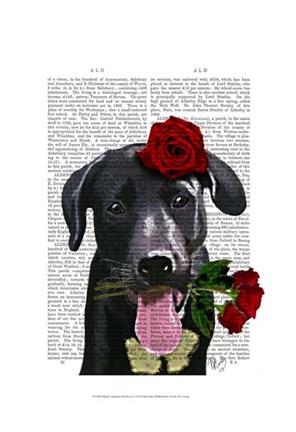 Framed Black Labrador with Roses Print