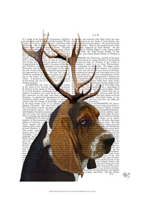 Framed Basset Hound and Antlers I Print