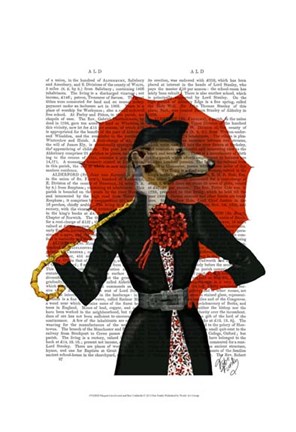 Framed Elegant Greyhound and Red Umbrella Print