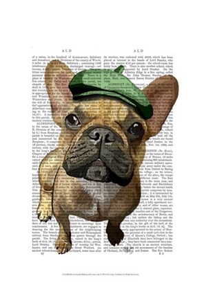 Framed Brown French Bulldog with Green Hat Print