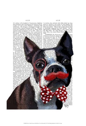 Framed Boston Terrier Portrait with Red Bow Tie and Moustache Print