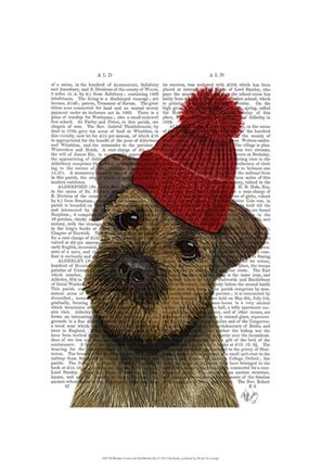 Framed Border Terrier with Red Bobble Hat Print