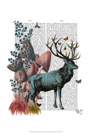 Framed Turquoise Deer in Mushroom Forest Print