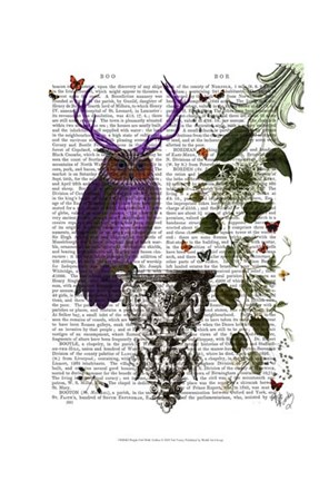 Framed Purple Owl With Antlers Print