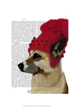 Framed German Shepherd in Red Woolly Hat Print