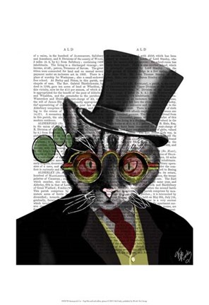 Framed Steampunk Cat - Top Hat and red yellow glasses Print