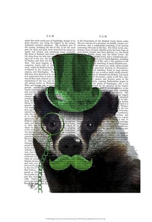 Framed Badger with Green Top Hat and Moustache Print