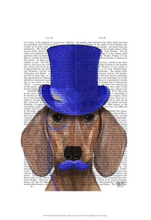 Framed Dachshund With Blue Top Hat and Blue Moustache Print