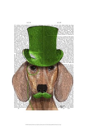 Framed Dachshund With Green Top Hat and Moustache Print