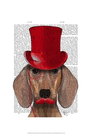 Framed Dachshund With Red Top Hat and Moustache Print