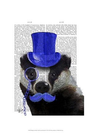 Framed Badger with Blue Top Hat and Moustache Print