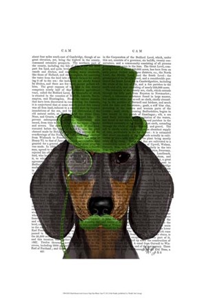 Framed Dachshund with Green Top Hat Black Tan Print