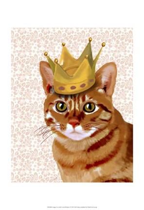 Framed Ginger Cat with Crown Portrait Print