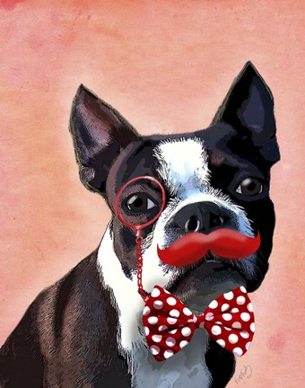 Framed Boston Terrier Portrait with Red Bow Tie and Moustache Print