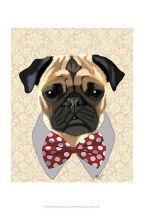 Framed Pug with Red and White Spotty Bow Tie Print