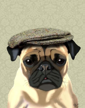 Framed Pug in Flat Cap Print