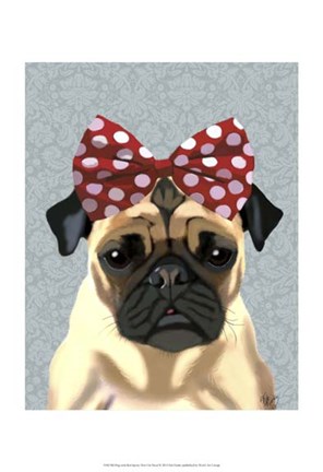 Framed Pug with Red Spotty Bow On Head Print