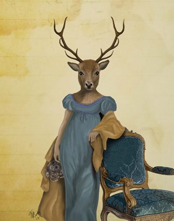 Framed Deer In Blue Dress Print