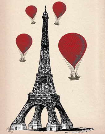 Framed Eiffel Tower and Red Hot Air Balloons Print
