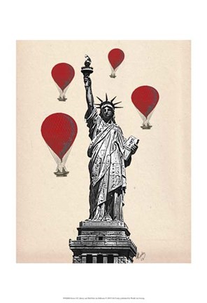 Framed Statue Of Liberty and Red Hot Air Balloons Print