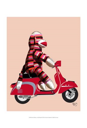 Framed Sock Monkey on Red Moped Print