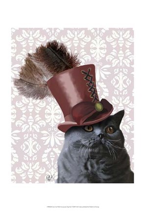 Framed Grey Cat With Steampunk Top Hat Print
