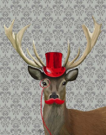 Framed Deer With Red Hat and Moustache Print
