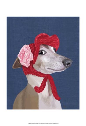 Framed Greyhound with Red Woolly Hat Print